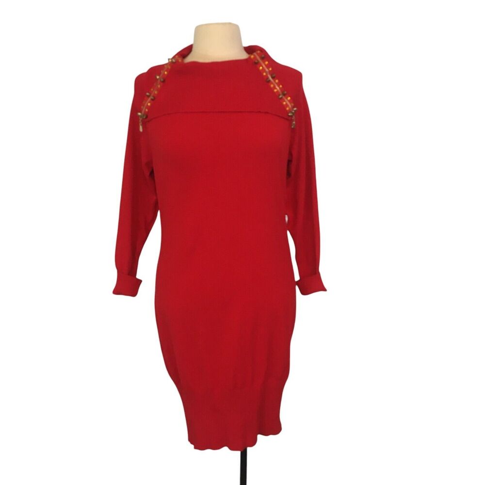 Say What? Red Funky Mod‎ Sweater Dress, Zipper Studs Rhinestones XL, 40-42 Bust
